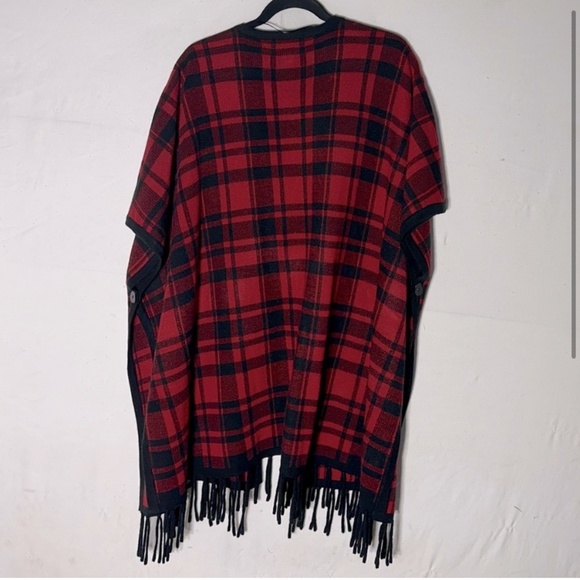 Guillaume Red Black Plaid Poncho With Fringe M/L - Picture 2 of 10